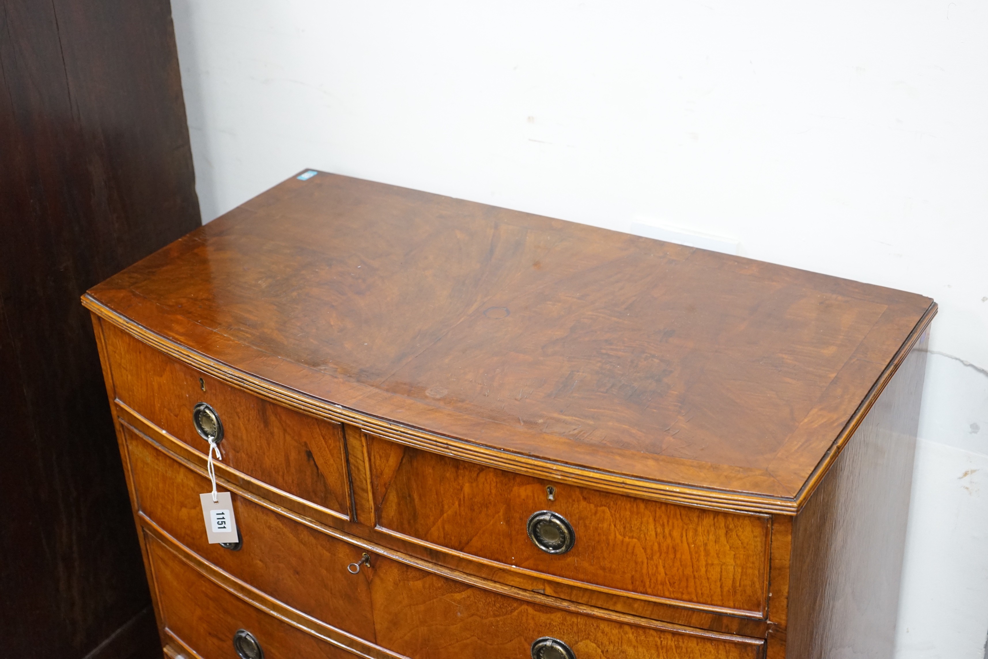 A Regency mahogany bowfront chest of two short and three long drawers, width 91cm, depth 50cm, height 92cm